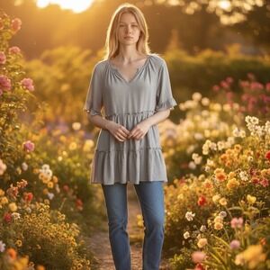 Camille & Co Gray Ruffled Tiered Boho Tunic with V-Neck Rayon Blend Women Medium